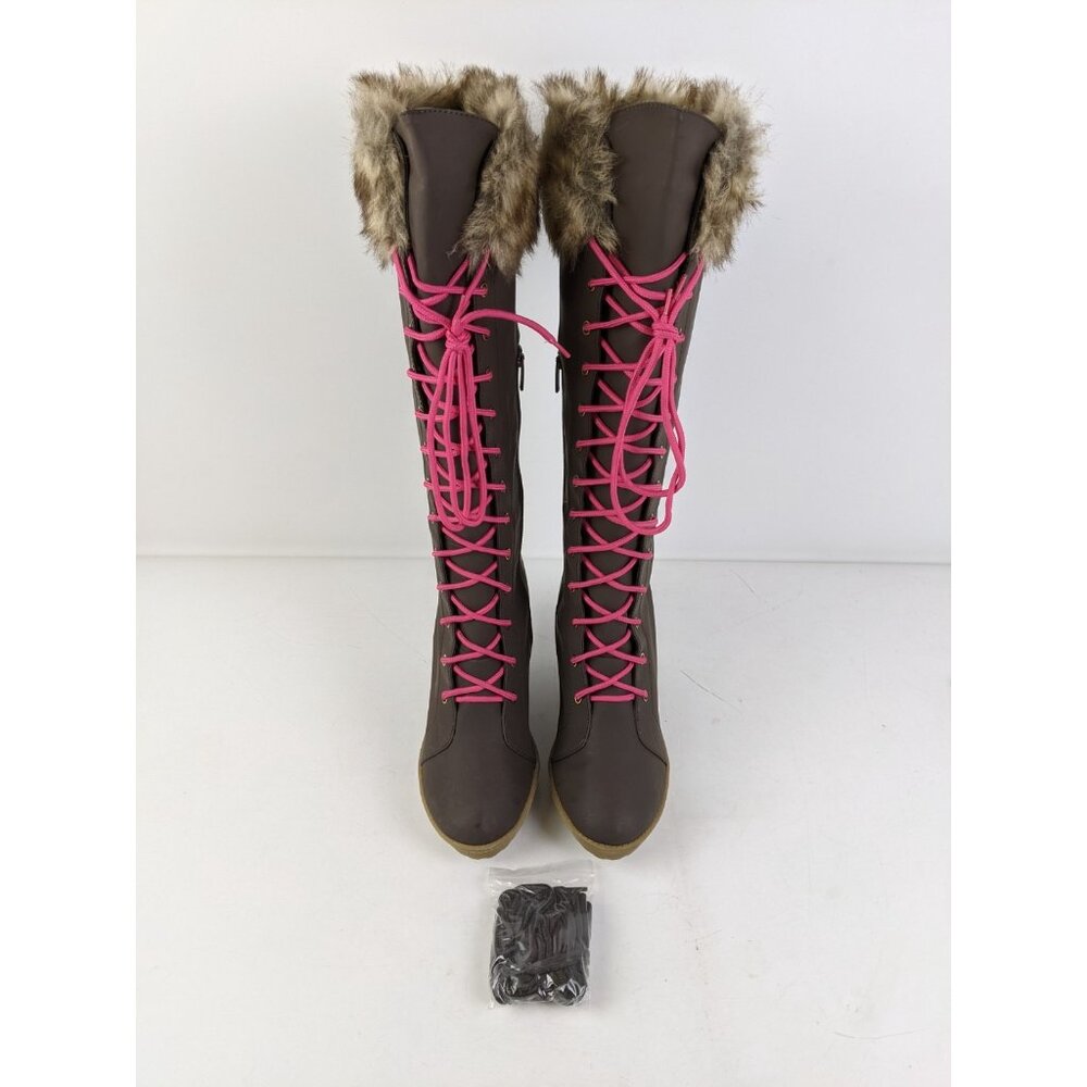 Colin Stuart Faux Fur Wedge Heel Womens Size 10B Brown Knee High Pink Laces - Picture 2 of 12